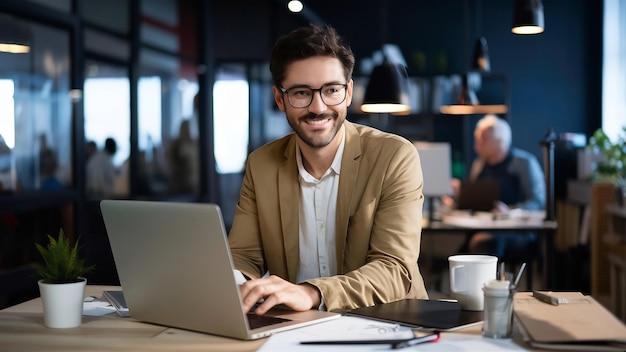 Happy business manager on laptop typing an email announcement for success or project management str