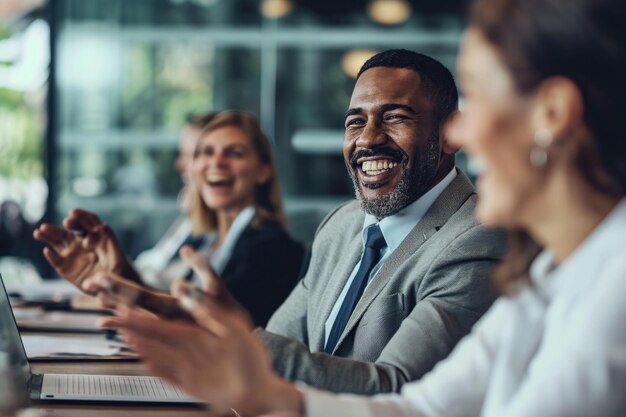 happy business people applauding at conference