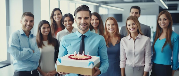 happy business people carrying birthday cake and gifts in office