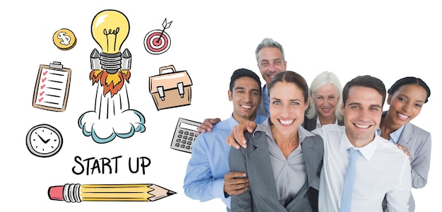 Happy business people looking at camera  against start up doodle
