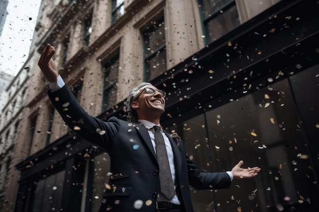 happy business person wearing a suit throwing confetti