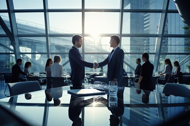 Foto un team d'affari felice che stringe la mano ai clienti in ufficio e stringe le mani al lavoro generato dall'ai