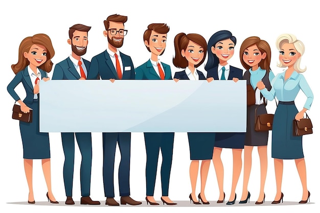 happy business team with a banner isolated vector cartoon illustration