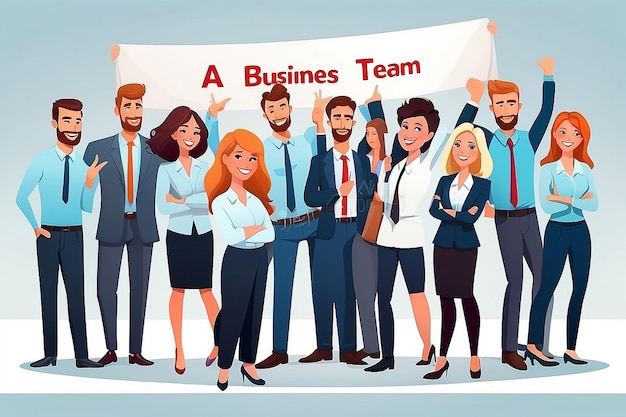 happy business team with a banner isolated vector cartoon illustration