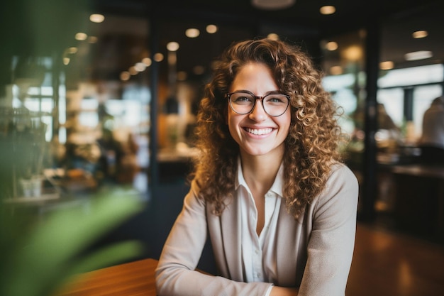 Photo happy business woman is smiling in office