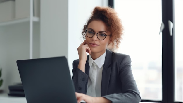 Happy business woman looking at laptop computer office scene Generative AI AIG20