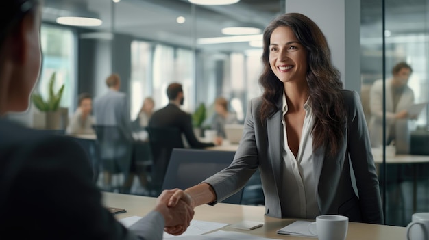 Happy business woman manager handshaking client for successful deal at meeting table in office