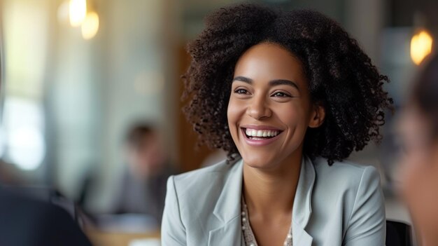 Photo happy business woman talking to her colleague in a meeting