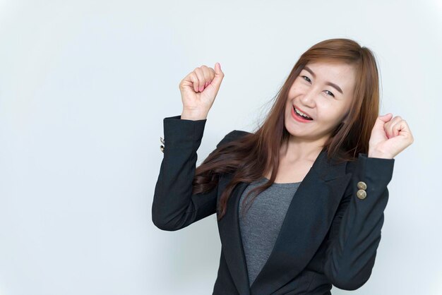 Happy business woman on white background