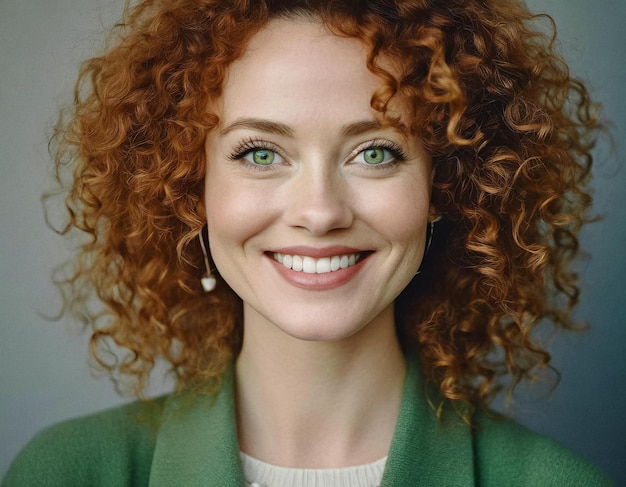 a happy business woman with red hair and green eyes is smiling in studio portrait