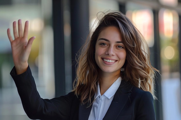 Foto una donna d'affari felice che saluta