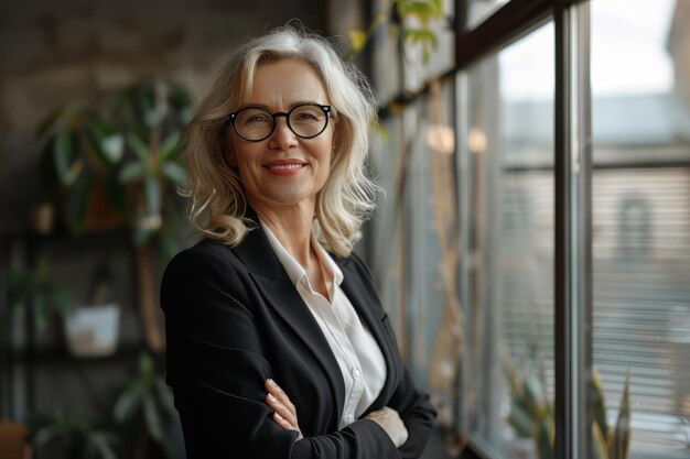 Happy business women wearing suit standing in office