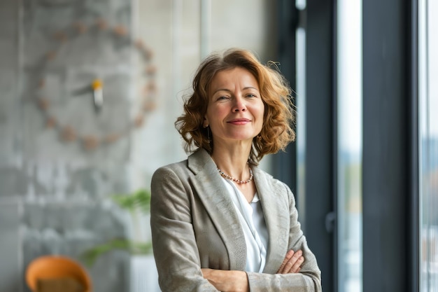 Happy business women wearing suit standing in office