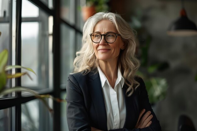 Photo happy business women wearing suit standing in office