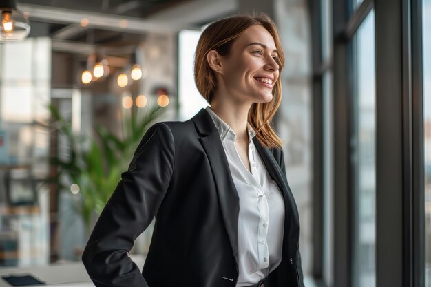 Happy business women wearing suit standing in office