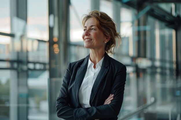 Happy business women wearing suit standing in office