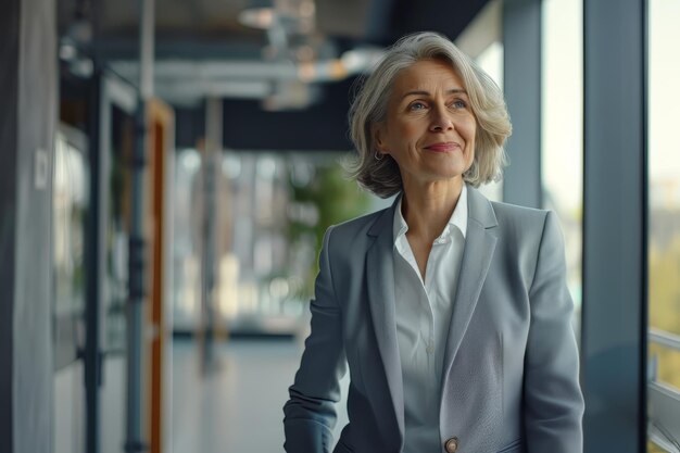 Happy business women wearing suit standing in office