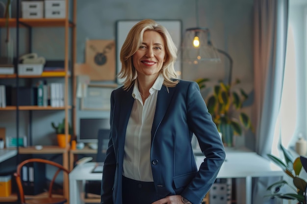 Happy business women wearing suit standing in office