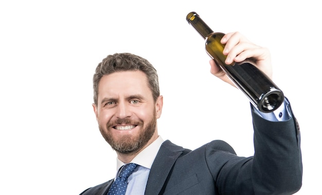 Happy businessman celebrate success with wine isolated on white, celebration.