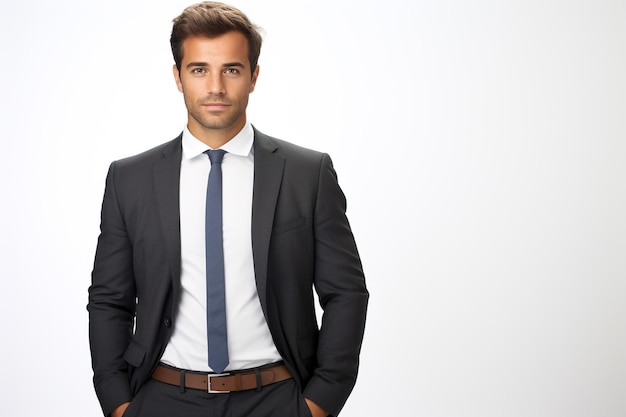 Photo happy businessman dressing in dark blue three piece suit necktie wearing wristwatch a sexy middle age businessman is standing in the front of office building holding a fist smiling thinking