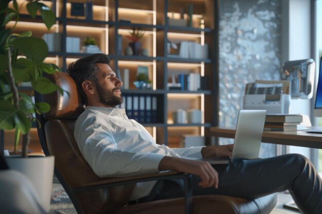 Photo happy businessman enjoying at home office