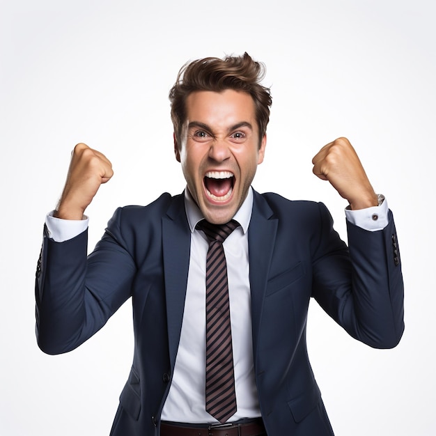 Happy businessman great success white background Generative AI