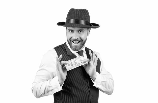 Happy businessman in hat hold hundred dollar isolated on white background money