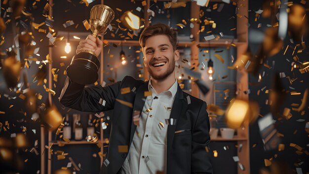 Foto un felice uomo d'affari con un trofeo che celebra il successo e le conquiste