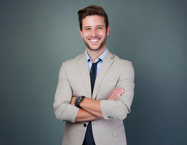 Happy businessman isolated handsome man standing with crossed arms