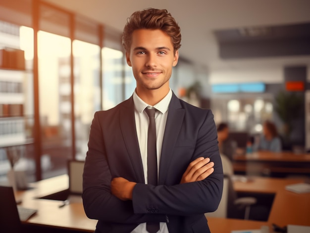 Foto un uomo d'affari felice in ufficio con un abito sorridente, un direttore esecutivo professionista generato dall'ia.