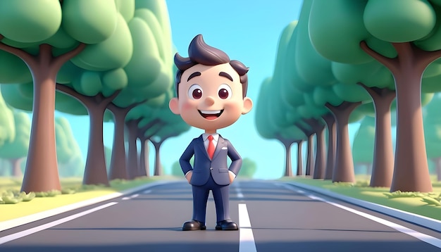 Счастливый бизнесмен стоит на дороге перед деревьями
