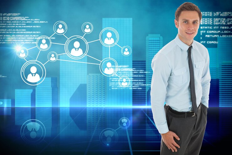 फोटो happy businessman standing with hand in pocket against futuristic technology interface