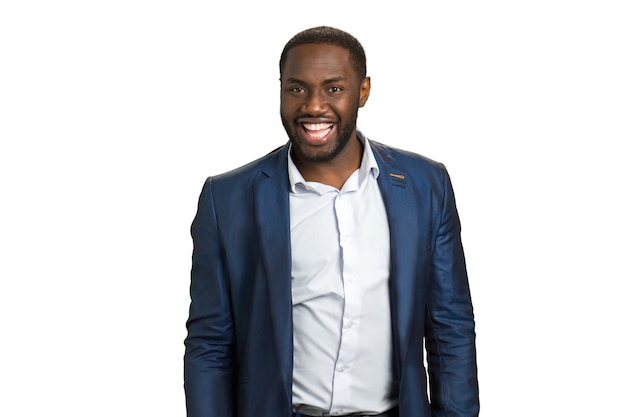 Happy businessman wide smiling. Cheerful american guy in formal wear on white.