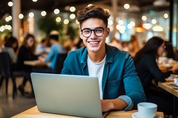 Happy businessman at work desk in coworking space for performance of professional skills recognition promotion Created with Generate Ai Technology