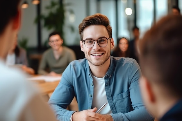 Happy businessman at work desk in coworking space for performance of professional skills recognition promotion Created with Generate Ai Technology