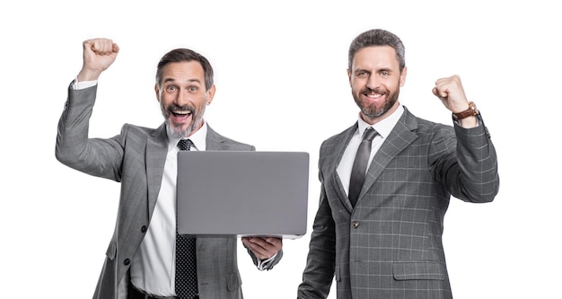 Happy businessmen freelancer isolated on white background businessmen freelancer in studio photo of businessmen freelancer with laptop two businessmen freelancer using laptop