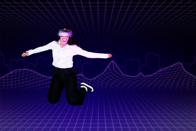 Photo happy businesswoman jumping in the metaverse