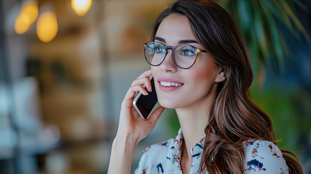 happy businesswoman speaks on the phone with an associate discussing a marketing project Professional woman with a creative and digital marketing background working on a new