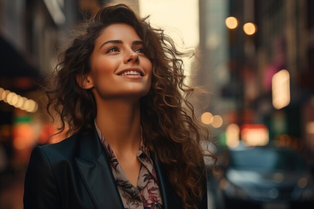 Happy businesswoman standing in big city dreaming of new investment opportunities