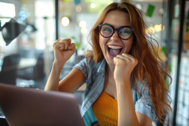 Foto una donna d'affari felice che usa un portatile in ufficio