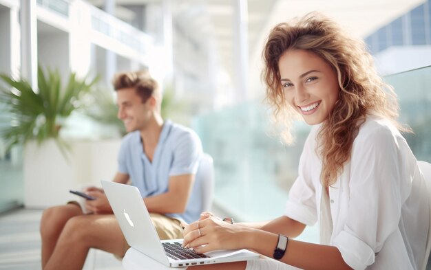 Happy Businesswoman Using Laptop in Successful Meeting