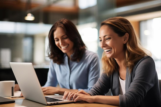 Photo happy businesswoman with colleague using laptop at desk