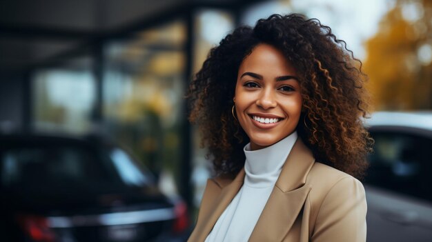 Happy businesswoman with curly hair standing outside office building