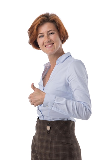 Happy businesswoman with thumbs up