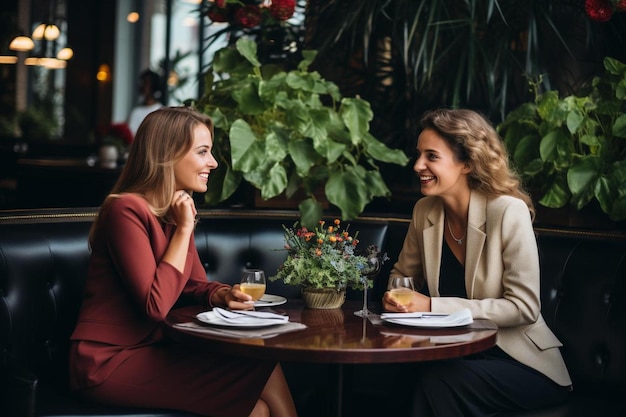 Счастливые бизнесменки разговаривают на деловом обеде в ресторане.