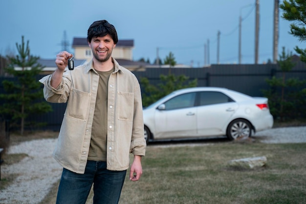 Happy buyer holds the keys near a new white car