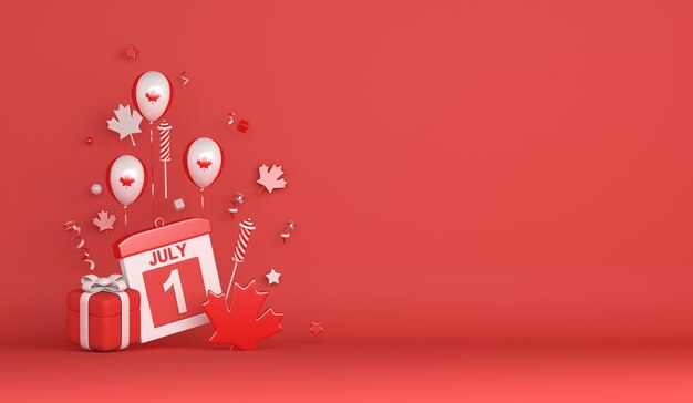 Happy Canada day 1 July decoration background with balloon firework maple leaves gift box