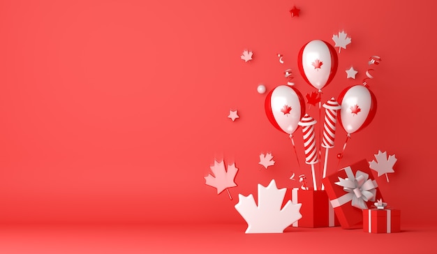 Happy Canada day decoratie achtergrond met ballon vuurwerk esdoorn bladeren geschenkdoos