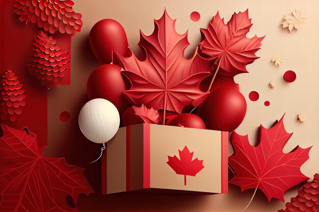 Happy canada day decoration background with balloon firework maple leaves gift box Generative Ai