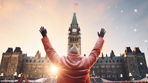 Happy canadian wearing winter clothes celebrating christmas holiday at parliament hill people having